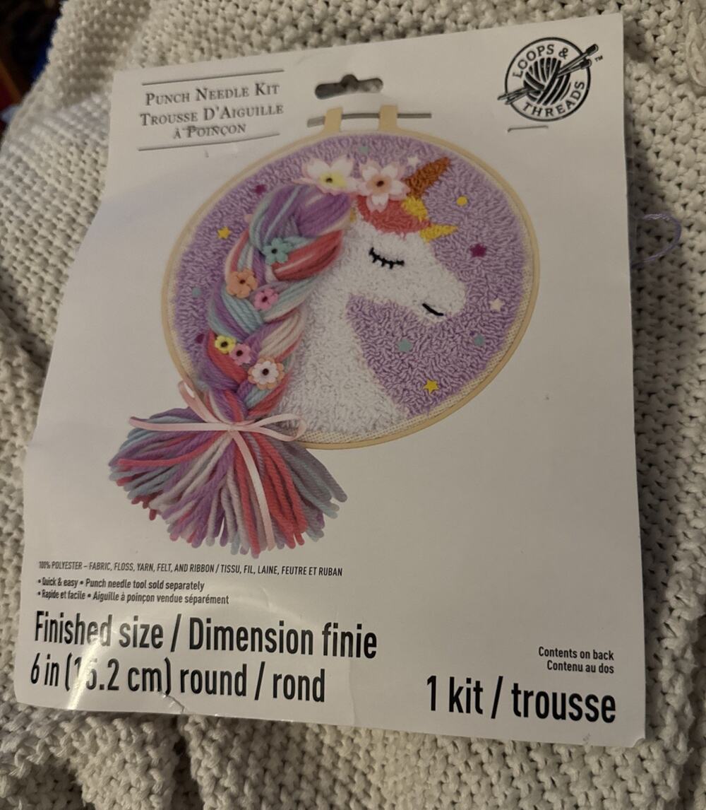 Unicorn w/ Mane Flowers Punch Needle Loops & Threads Printed Embroidery Hoop Kit